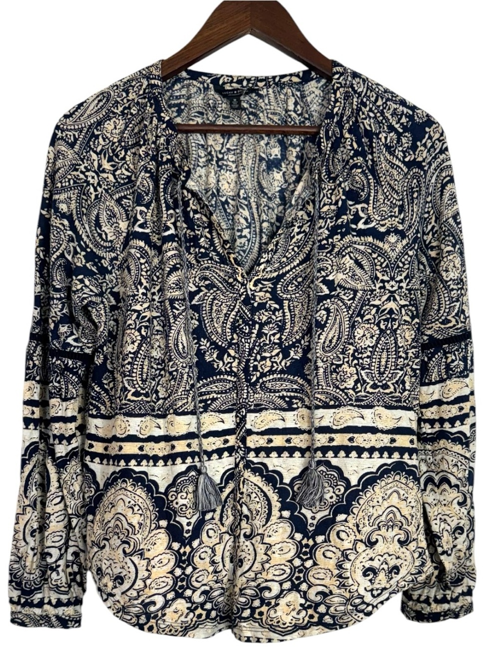 Lucky Brand Navy and Cream Paisley V-Neck Tassel Blouse Long Sleeve Medium